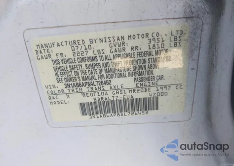 2010 Nissan Sentra 2.0/2.0S/Sr/2.0Sl z USA, uszkodzony, nr VIN 3N1AB6AP8AL726452